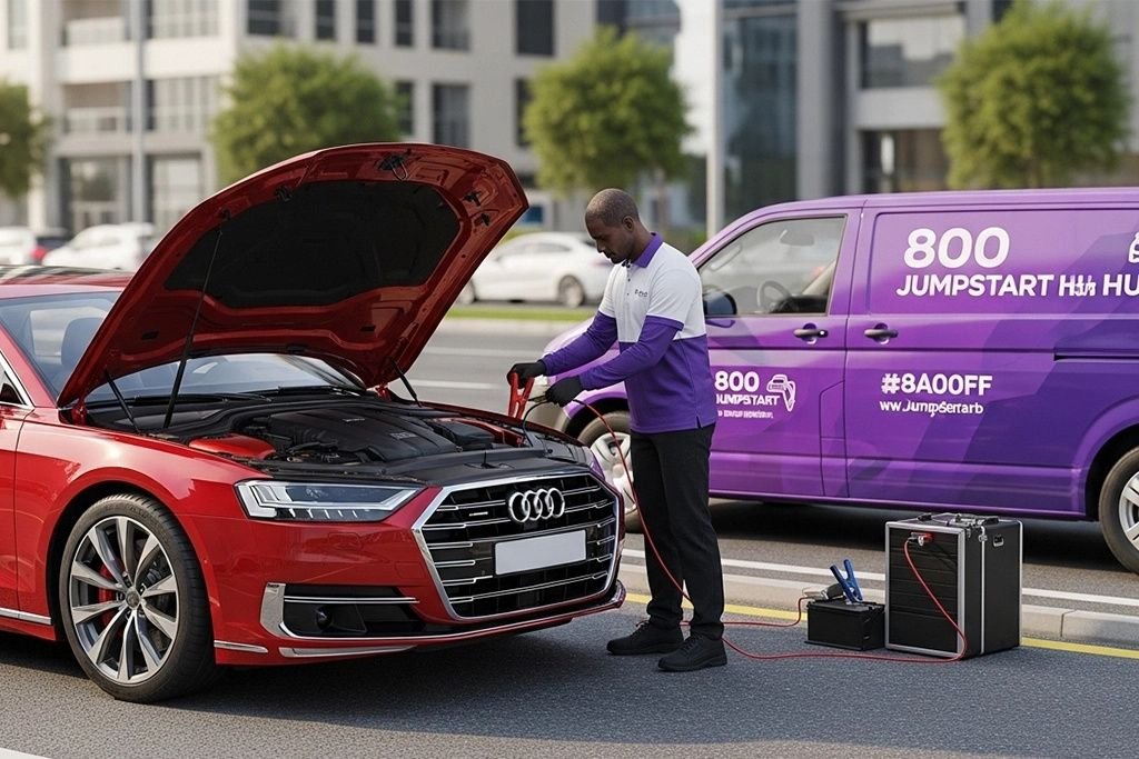 Certified technician assisting an Audi A8 with complex battery systems