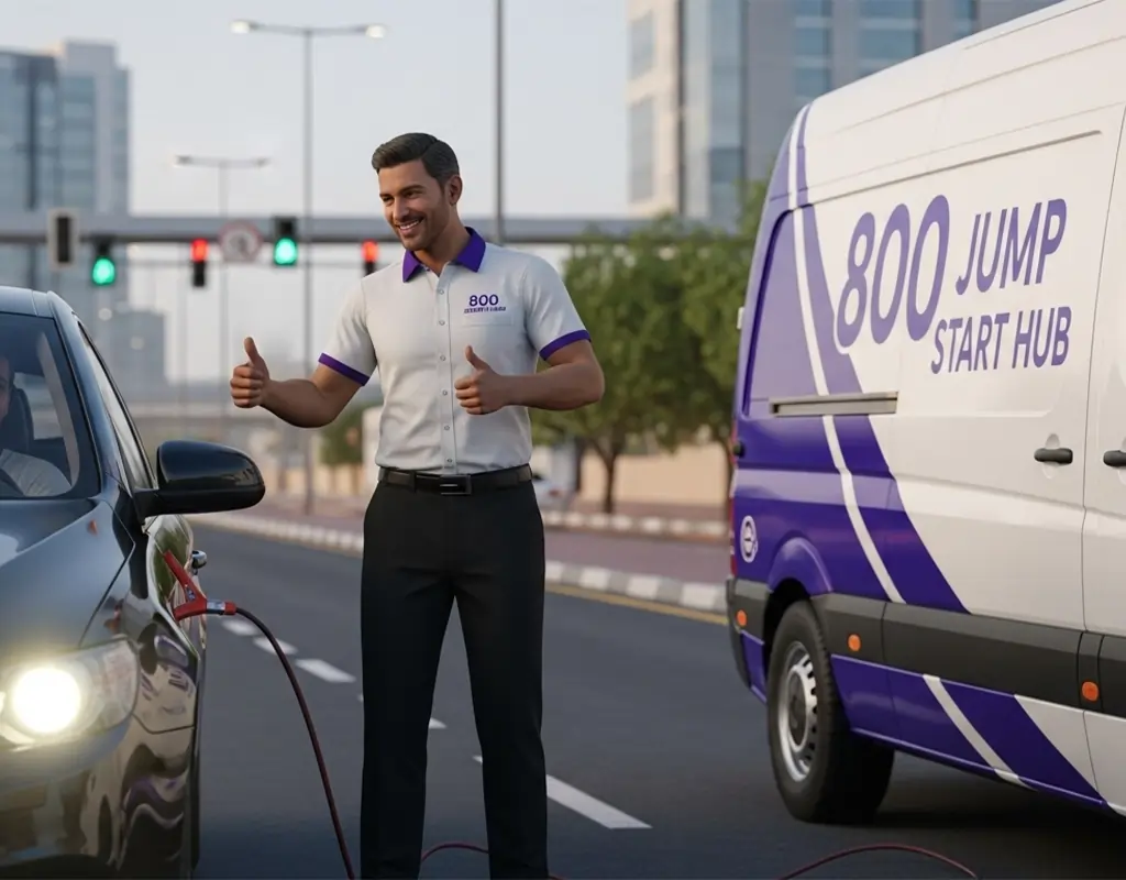 Car driving away smoothly after a successful battery jump start with all systems checked and stable