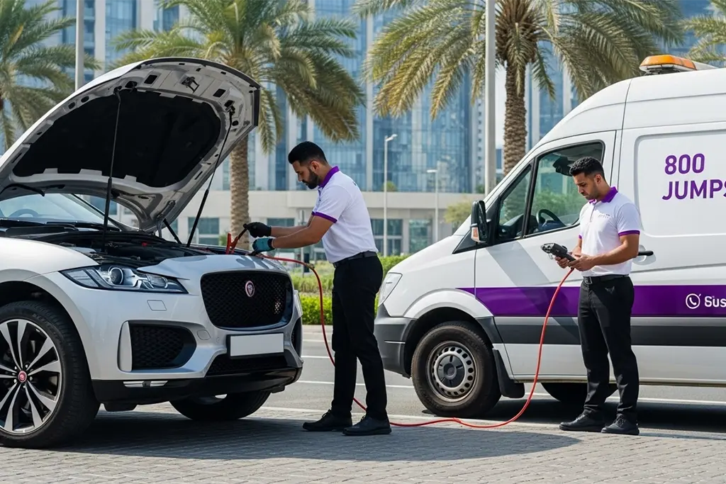 Safe on-site Jaguar F-Pace jump start by trained technician