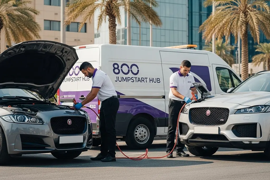 Technician performing on-site jump start on a Jaguar XF