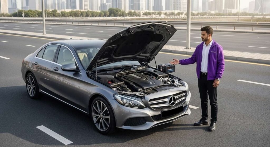 Certified technician attending a Mercedes C-Class for safe car battery support