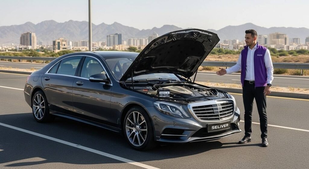 Professional technician assisting a Mercedes S-Class with on-site battery jump start support