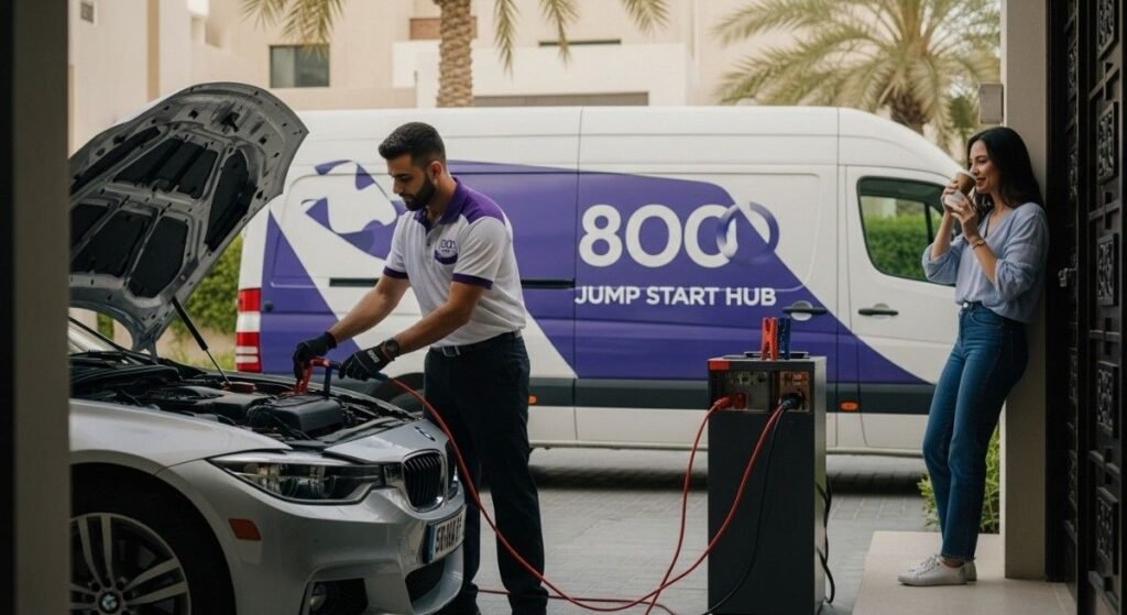 Technician providing an on-site car battery jump start