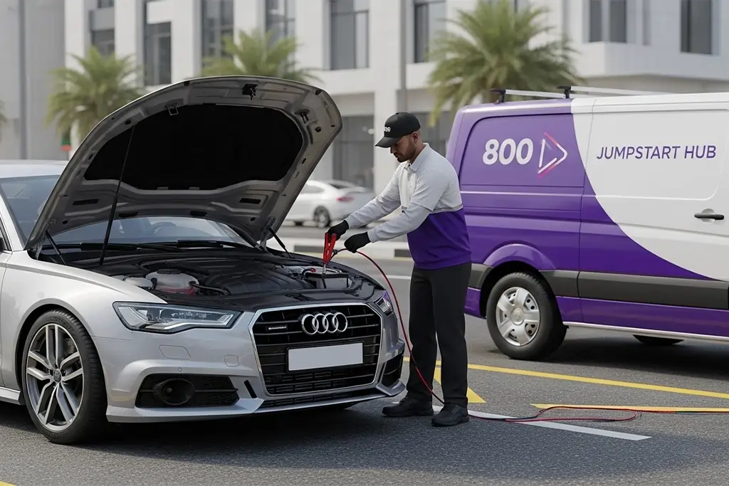 Roadside technician safely jump starting an Audi A6 with advanced electrical system