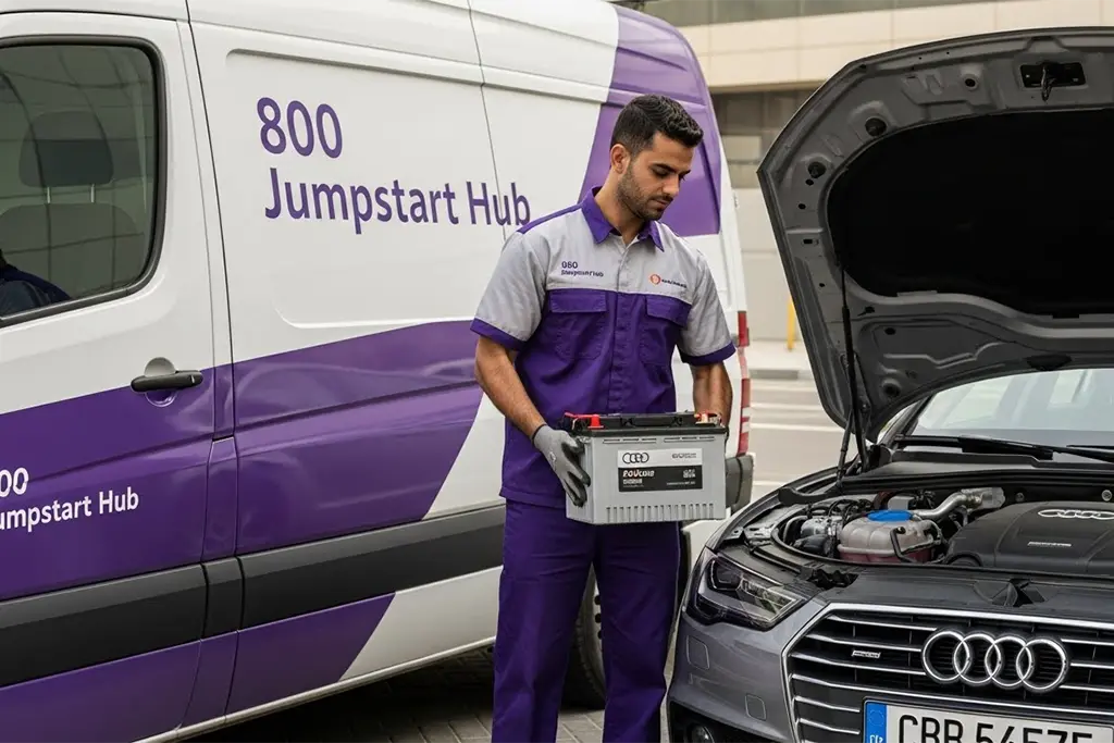 Audi-specific battery delivered by roadside technician for on-site service