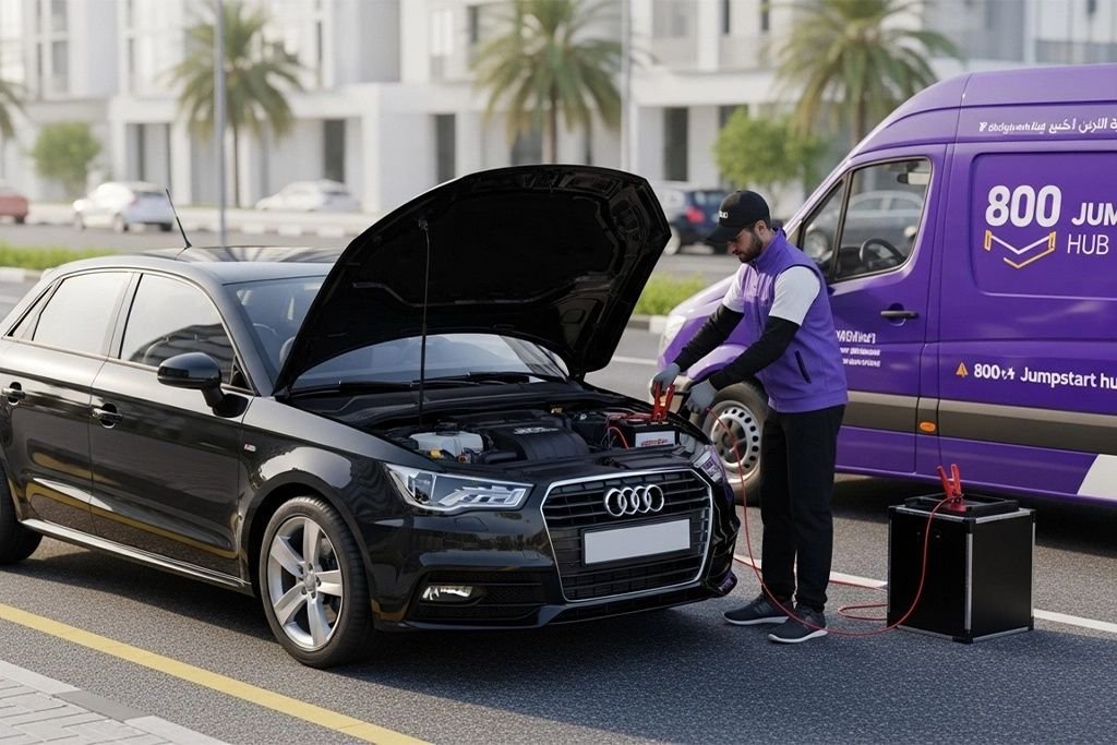 Technician providing on-location jump start service for an Audi A1