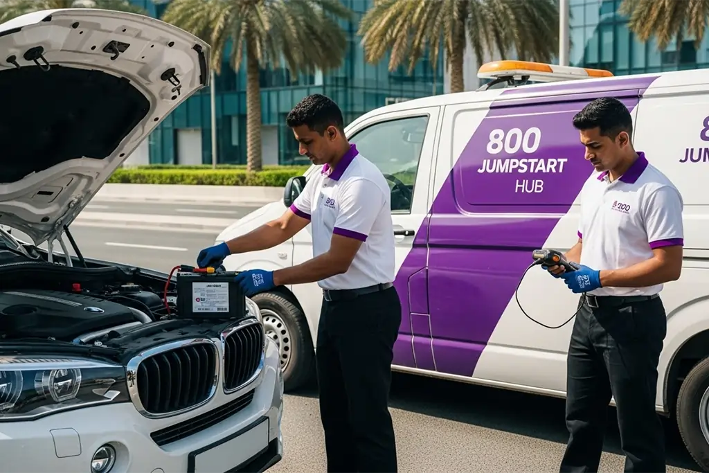 Roadside technician using a service van to jump start a car