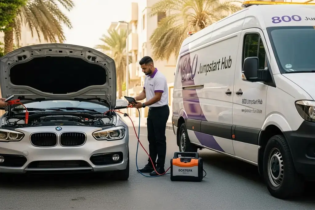 Technician providing on-site jump start service for BMW 1 Series with modern electronics