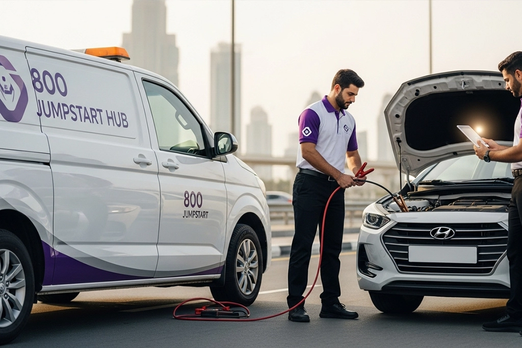Technician performing on-site jump start on a Hyundai vehicle