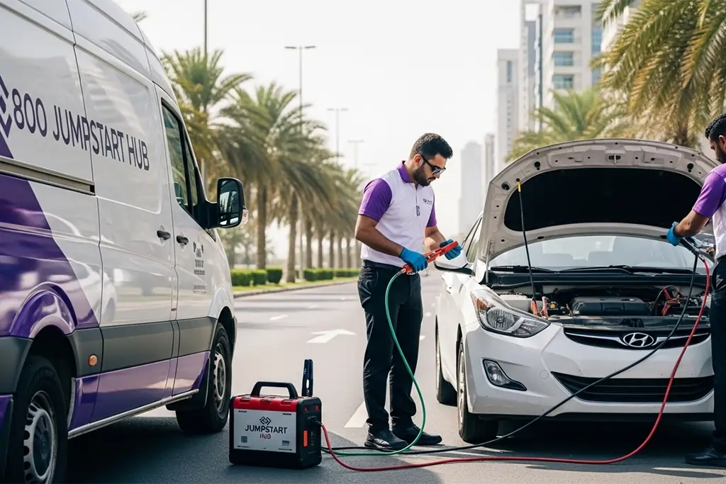 Technician performing a safe on-site jump start on a Hyundai Elantra
