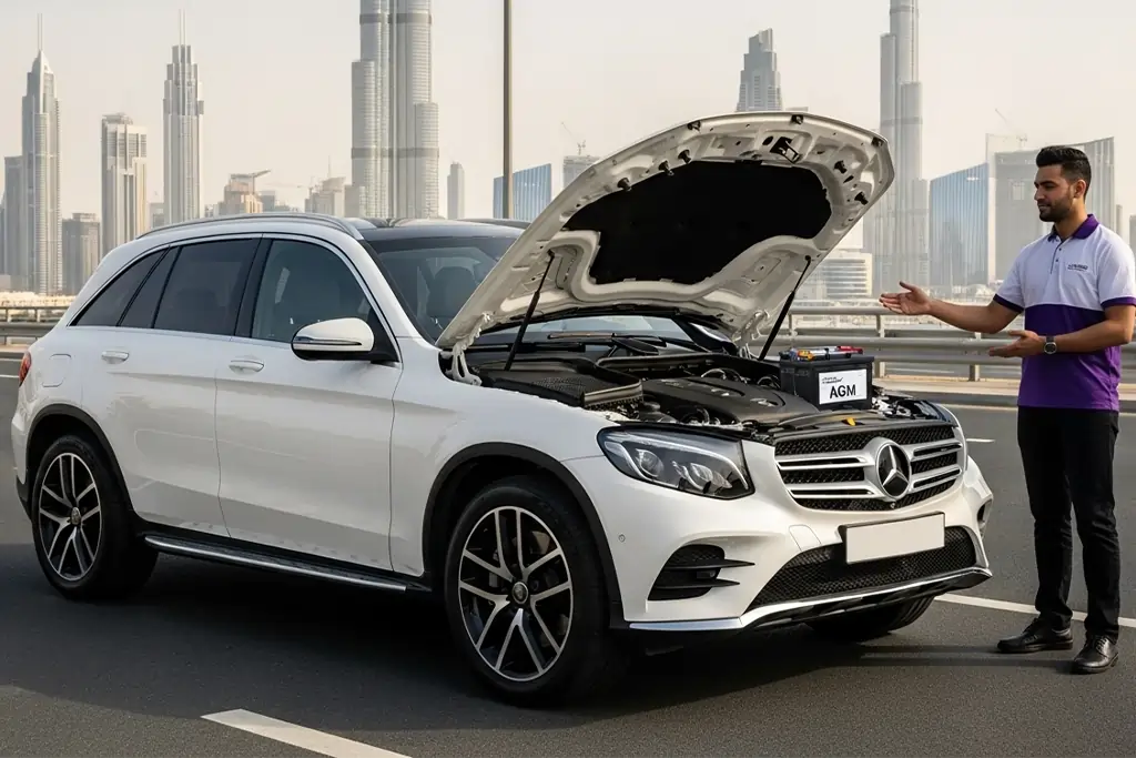 Mercedes GLC jump start service with technician providing roadside battery support