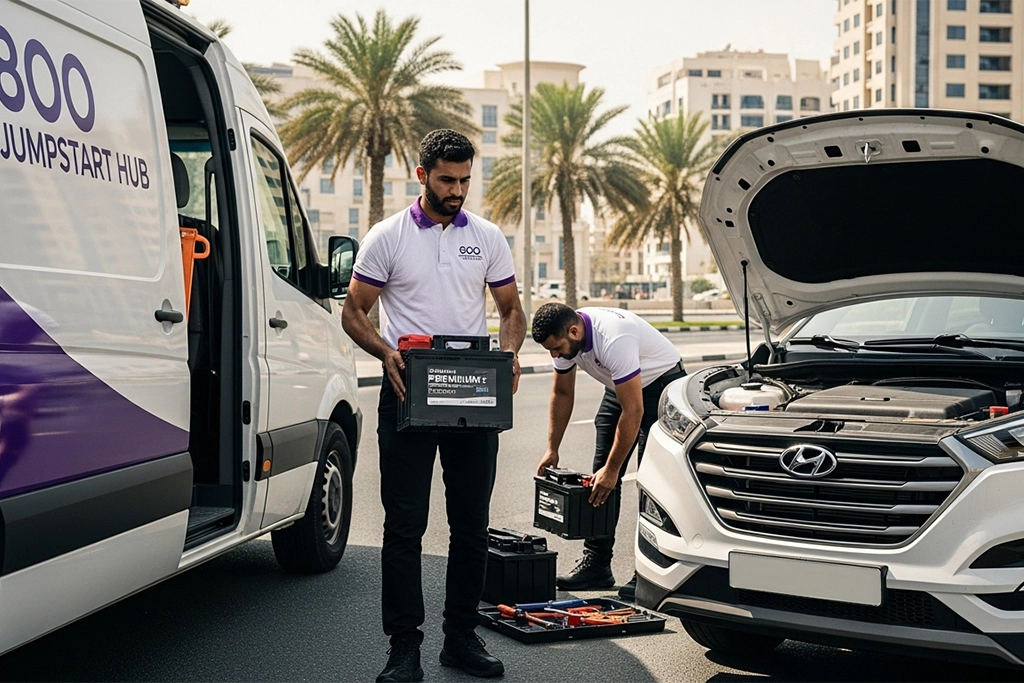 Hyundai-specific battery delivered on-site by mobile roadside service