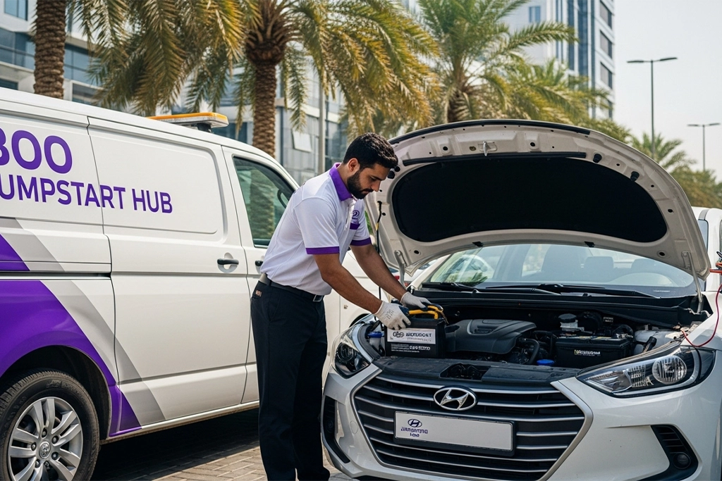 Expert technician installing or jump starting Hyundai vehicle on-site