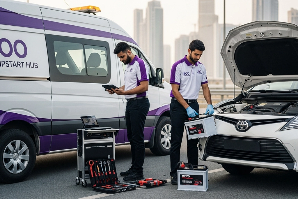 On-site jump start or battery installation service for Toyota vehicles, getting you back on the road quickly