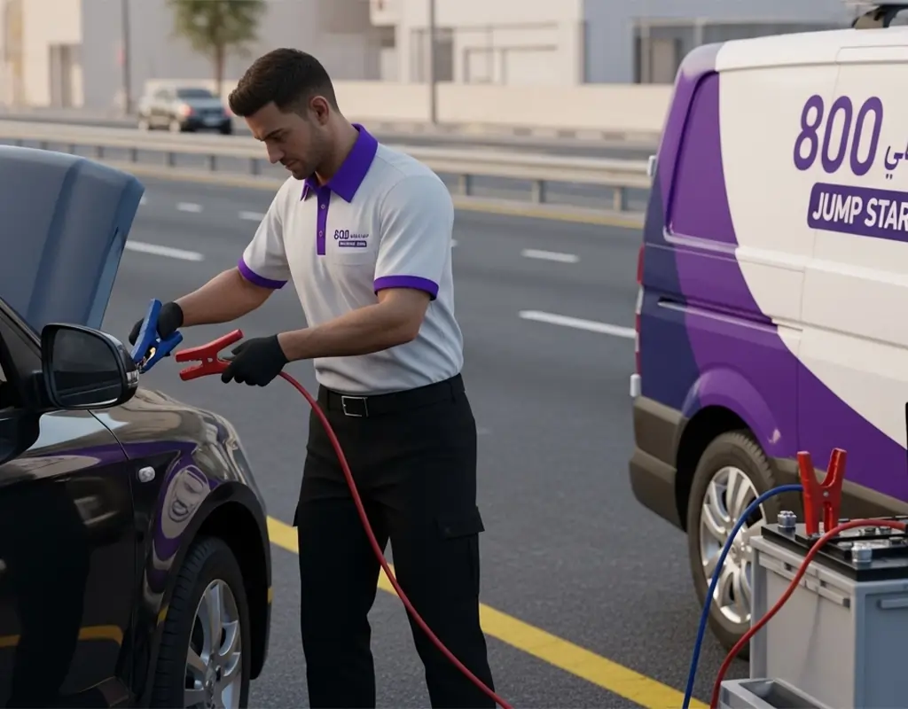 Technician performing on-site car battery jump start after a quick safety check using professional equipment