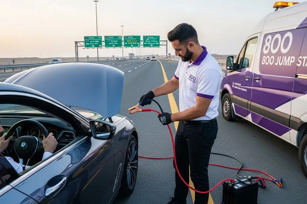 Rapid-response technician providing a safe car battery jump start on highway