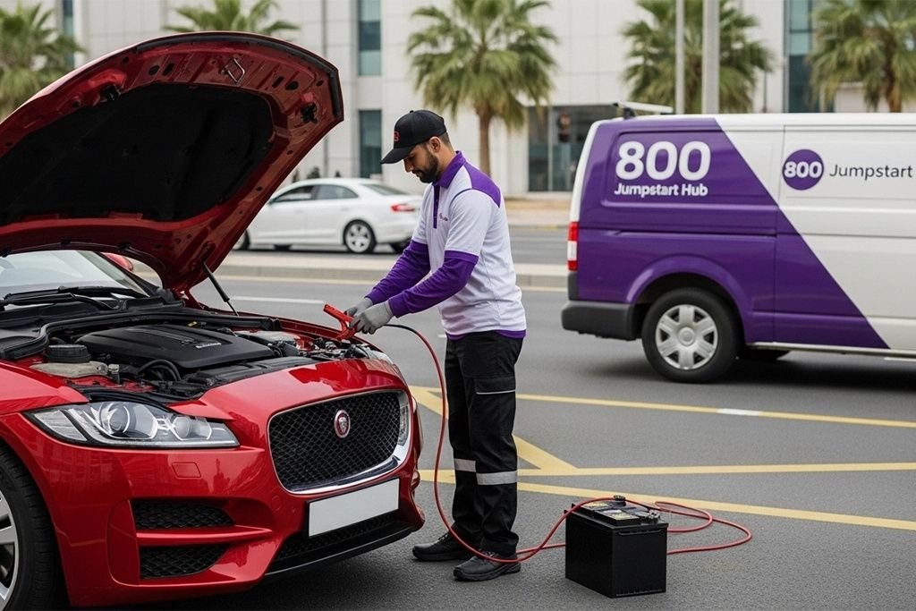 Roadside technician performing on-site jump start service on a Jaguar vehicle