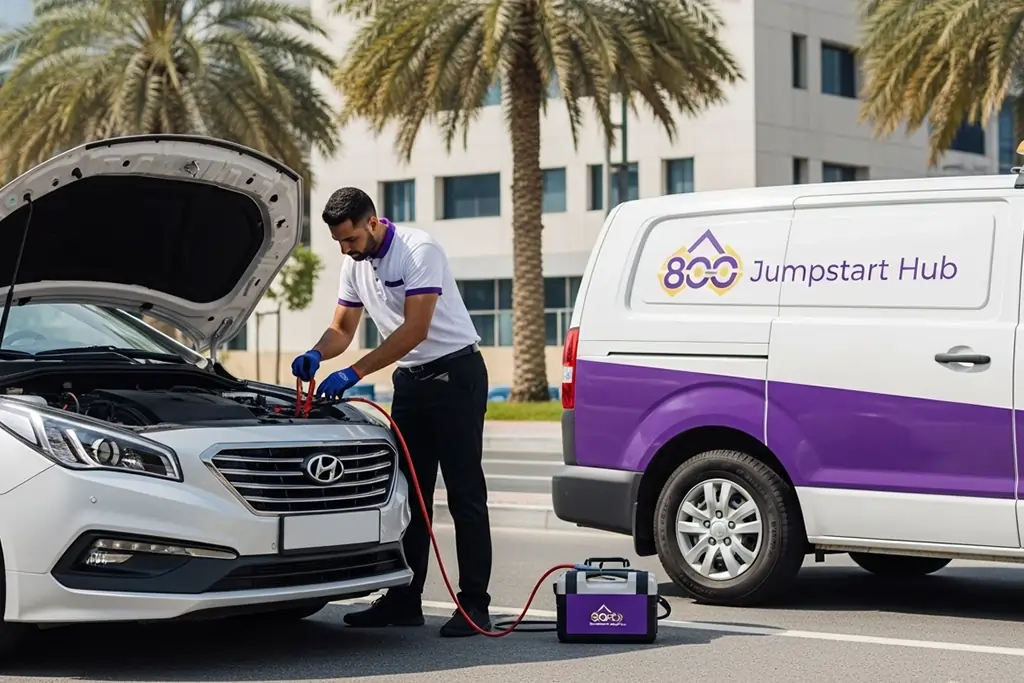 Technician performing an on-site jump start on a Hyundai Sonata