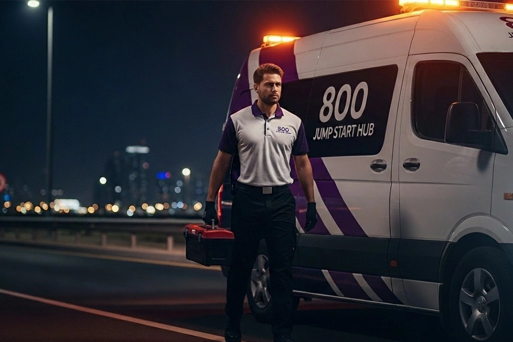 Professional technician arriving quickly on-site with equipment to perform a safe jump start