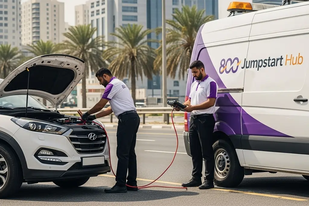 Technician performing a professional on-site jump start on a Hyundai Tucson SUV