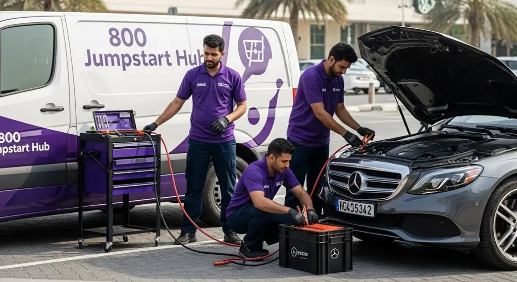Premium car jump start service for luxury and German vehicles using specialized tools and safe techniques