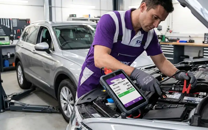 Technician performs voltage measurement and diagnostics to assess battery health and ensure readiness for jump start