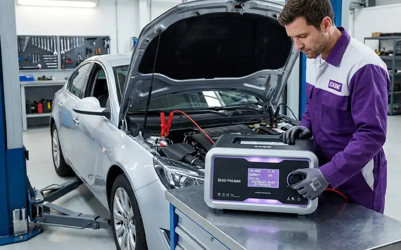 Technician performs controlled, manufacturer-approved jump start using professional equipment for safe battery boost
