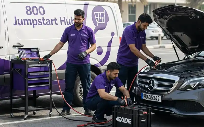 Technician performing a safe jump start on all Exide battery types with regulated equipment to protect electronics