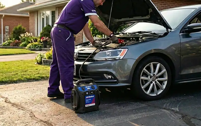 Mobile technician providing at-home battery jump start and electrical system check for your vehicle