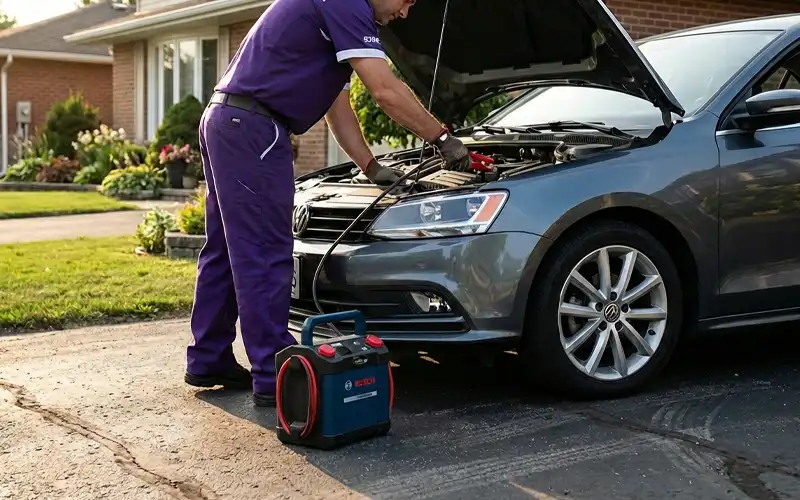 Technician providing at-home Bosch battery jump start, testing the battery and verifying the system