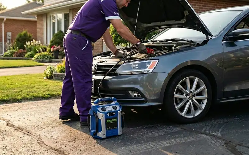Mobile technician providing on-site Amaron battery jump start with no towing required