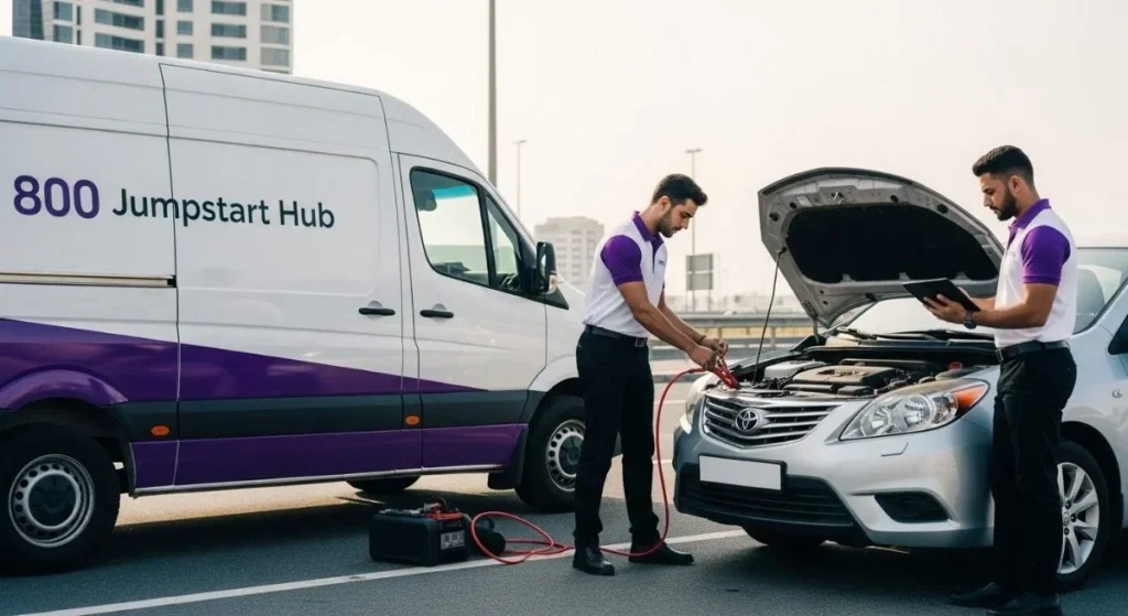 mobile technician jump starting a car battery on the roadside