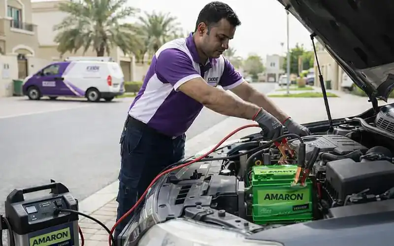 Mobile Amaron jump start service, providing quick and secure on-site battery boosts without towing