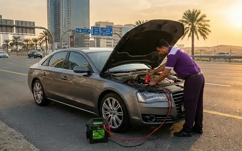 Technician providing safe and quick Amaron battery jump start on the roadside, ensuring fast assistance