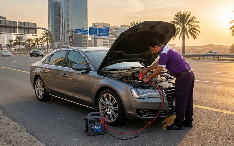 Technician providing roadside Exide jump start, quick battery boost, and system check to get you back on the road