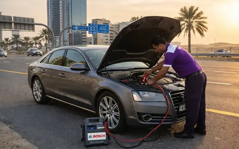 Technician providing roadside Bosch jump start service on highways, city streets, or parking areas for a quick and safe battery boost