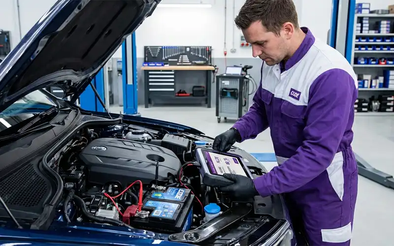 Technician verifies alternator output, battery health, and start-stop system for safe departure