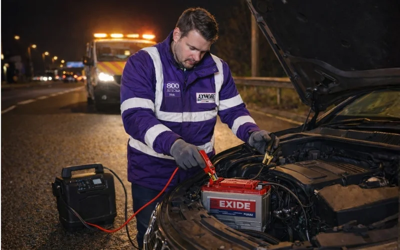 24/7 emergency Exide jump start service, providing safe, voltage-regulated battery boost anytime, anywhere in the UAE
